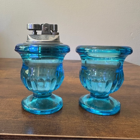 2pc Indiana Glass blue glass table lighter & toothpick holder 1970s - Picture 1 of 3